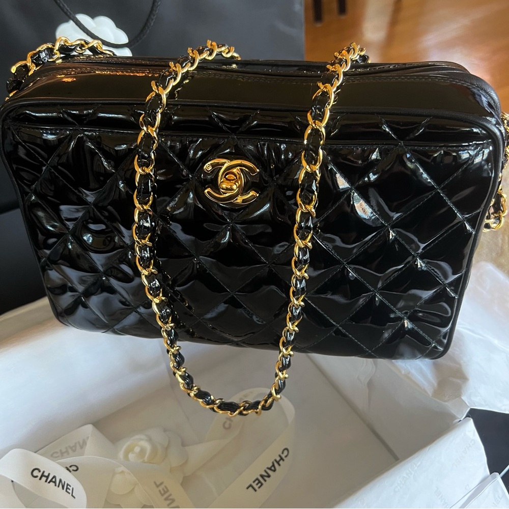 CHANEL -  Black Quilted Crossbody Camera Bag with Gold Chain